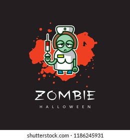 Zombie nurse image - vector cartoon character. Illustration of unusual nightmare girl on red blood spot - funny icon, original concept of Halloween.