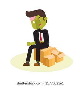 zombie office sitting on empty cardboard packing and solving problem in his mind