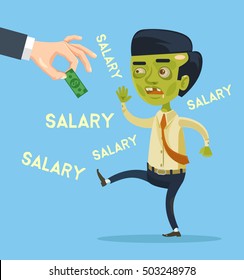 Zombie office worker character try catch salary. Vector flat cartoon illustration