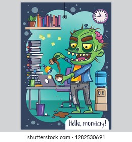Zombie office worker with cup of coffee