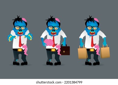 Zombie office worker set isolated on a grey background. Zombie men cartoon style. Vector illustration