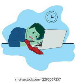 Zombie Office Worker Typing on a Computer Vector Cartoon. Tired corporate employee working overtime feeling burnout and dead inside.