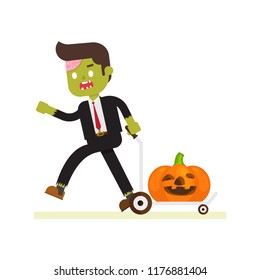 Zombie office,businessman wearing halloween,Happy businessman pulling cart full of pumkin
