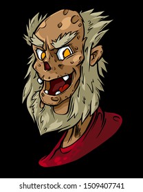 Zombie old man vector art illustration on black background. Smile head man cartoon t-shirt tattoo sticker art design