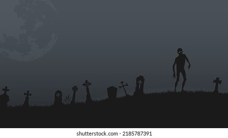 Zombie on dark graveyard background for Halloween decorations, Flat illustration vector.