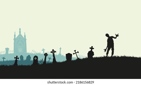 Zombie on dark graveyard background for Halloween decorations, Flat illustration vector.
