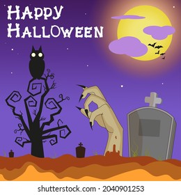 Zombie on halloween night, moon and owl