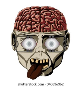 Zombie open the skull, the brain is visible, eyes wide and expanders