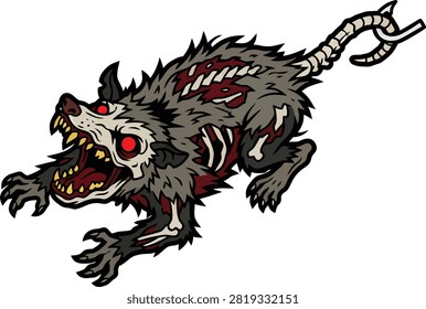 Zombie opossum monster snarling with sharp teeth.