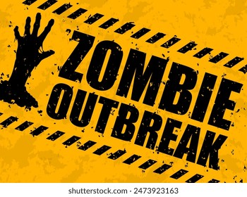 Zombie outbreak warning caution, Halloween monster apocalypse vector awareness banner with yellow background, black grungy typography and creepy hand of corpse emerging from the ground