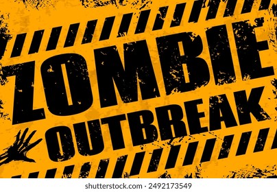 Zombie outbreak warning caution sign for Halloween monster apocalypse, vector grunge banner. Halloween holiday horror night and trick or treat party poster with zombie hand for danger zone warning