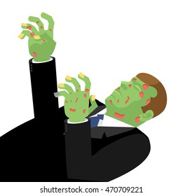 Zombie with outstretched hands isolated. Green is Dead. Cadaverous skin spots. Risen dead man hand holds out