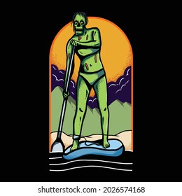 Zombie paddle board, vector illustration