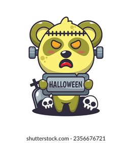 Zombie panda holding halloween greeting stone. Cute halloween cartoon illustration.