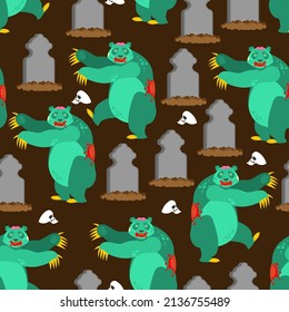 Zombie panda pattern seamless. Zombi chinese bear background. Beast revived dead at cemetery. monster and graves texture