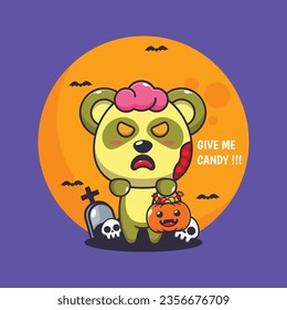 Zombie panda want candy. Cute halloween cartoon illustration.