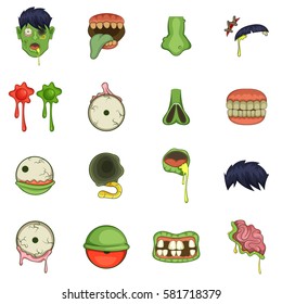Zombie parts icons set. Cartoon illustration of 16 zombie parts vector icons for web