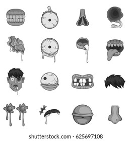 Zombie parts icons set in monochrome style isolated vector illustration