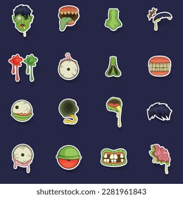 Zombie parts icons set stikers collection vector with shadow on purple background