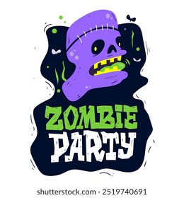 Fiesta de zombis. Ilustración de cabeza de zombie de dibujos animados con texto en negrita, colores misteriosos y vibraciones de Halloween. archivo de Vector