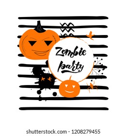 Zombie party- hand drawn lettering. Black, white, orange. Perfect design for greeting card, poster, banner, print invitation. Vector illustration EPS 10. 
