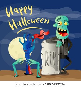 Zombie Party. Happy Halloween Party Poster. Vector Smiling Zombie Standing Near Rip Grave On Cemetery And Monster Hand Reaching Up From Ground. Midnight With Full Moon Scene Illustration