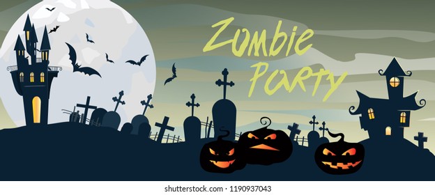 Zombie Party lettering with cemetery, pumpkins, castle and moon. Invitation or advertising design. Handwritten text, calligraphy. For leaflets, brochures, invitations, posters or banners.