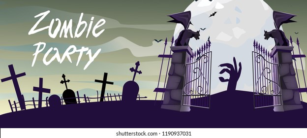 Zombie Party lettering with graveyard gates, gargoyles and moon. Invitation or advertising design. Handwritten text, calligraphy. For leaflets, brochures, invitations, posters or banners.