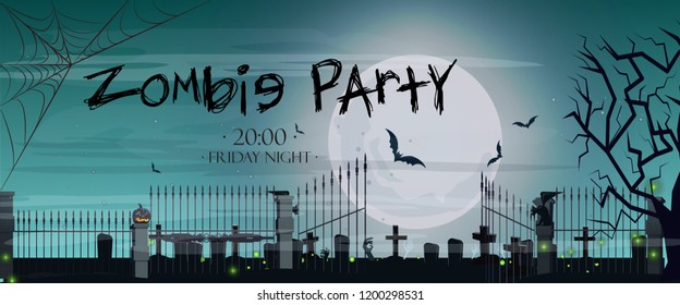 Zombie Party lettering with graveyard. Invitation or advertising design. Handwritten text, calligraphy. For leaflets, brochures, invitations, posters or banners.