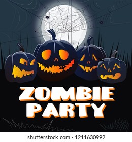 Zombie party lettering with pumpkins. Creative inscription with angry cartoon pumpkins, white huge moon and spider web on background. Lettering can be used for posters.