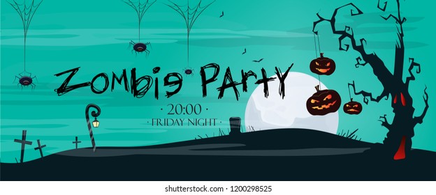 Zombie Party lettering with tree, pumpkins and spiders. Invitation or advertising design. Handwritten text, calligraphy. For leaflets, brochures, invitations, posters or banners.