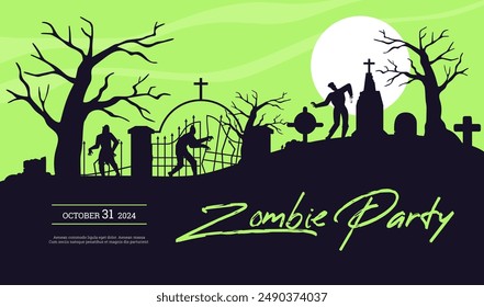 Anuncio de invitación a la fiesta zombi el 31 de octubre. Fondo de cementerio de horror de Halloween con zombi y muerto andante, cerca del cementerio, luz de la luna para el cartel de vacaciones. Lápidas y siluetas de árboles antiguos