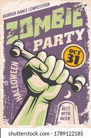 Zombie party poster design in retro style made for cinema movies. Vector vintage.