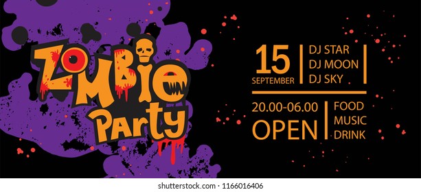 Zombie party poster design. Vector illustration. For party invitation, greeting card, banner. Handwritten holiday calligraphy zombie party poster, badge template