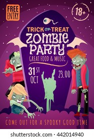 Zombie party poster with trick or treat symbols cartoon vector illustration 