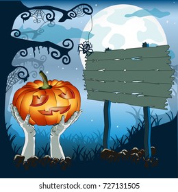 Zombie party signboard  ready for your message.
Halloween background with wooden board.Vector illustration.