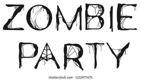 Zombie Party spider web text for halloween holiday. Isolated on white vector illustration