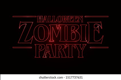 Zombie party text design, Halloween word with Red glow text on black background. 80's style, eighties design. Vector illustration