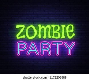 Zombie Party Text Vector. Halloween neon sign, design template, modern trend design, night neon signboard, night bright advertising, light banner, light art. Vector illustration