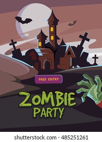 Zombie party vector illustration. Dead Man arm from the ground and dark castle. Invitation for halloween nigt