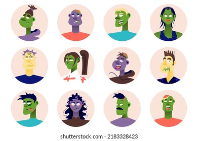 Zombie people avatars isolated set. Undead men and women with different spooky monster face looks. Portraits of female and male mascots. Vector illustration with characters in flat cartoon design
