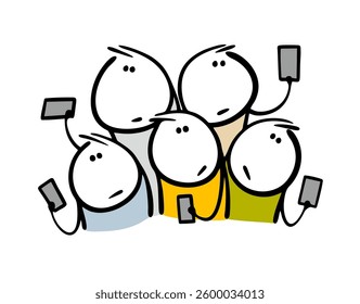 Zombie people with mobile phones. Vector illustration of teenagers on the street looking at a smartphone. The crowd with gadgets, the lack of brains. Kids take selfies, social media, and the internet.