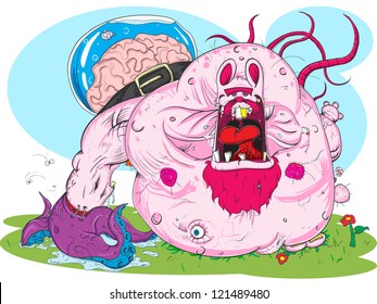Zombie pink rabbit walking on a meadow. Vector illustration.
