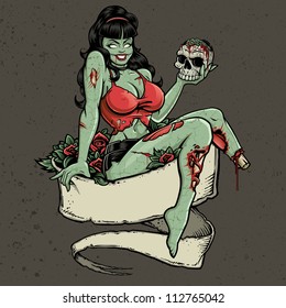 Zombie Pinup Girl Holding Skull. Vector illustration of a sexy zombie pinup girl holding a skull while sitting in a bed of roses on top of a worn, tattered blank banner.
