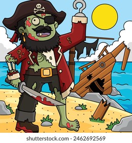 Zombie Pirate Captain Colored Cartoon Illustration