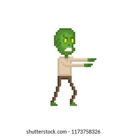 Zombie. Pixel art. Old school computer graphic. 8 bit video game. Game assets 8-bit sprite. Games elements.