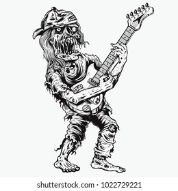 zombie play guitar hand drawing sketch black and white