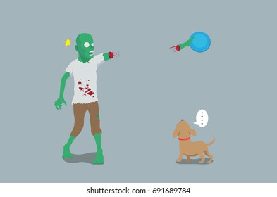 Zombie play throw and grab a disc and his arm off. Illustration about funny of pet owner.