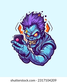 zombie playing a phone hand drawn illustration