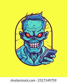 zombie playing a phone hand drawn illustration